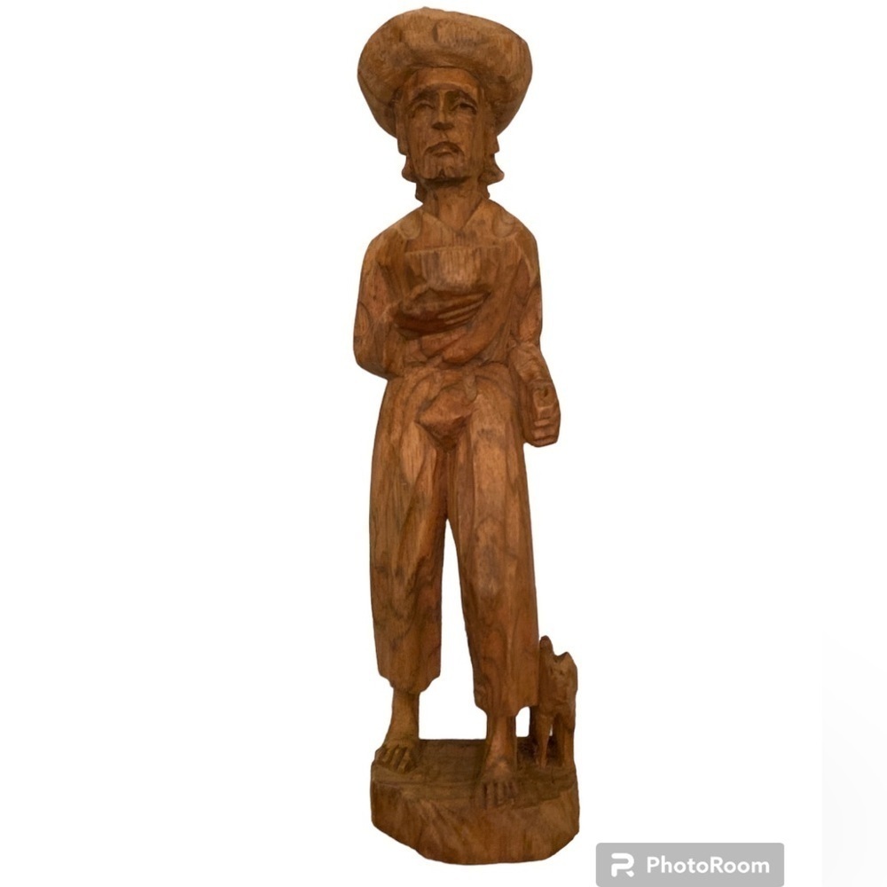 Vintage hand made wooden man with dog carving  #17